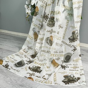 Perdea pentru Bucatarie tip IN imprimat, Alb cu cafea, 100cm latime x 200cm inaltime, cu rejansa pt bara Perdea pentru Bucatarie tip IN imprimat, Alb cu cafea, 100cm latime x 200cm inaltime, cu rejansa pt bara