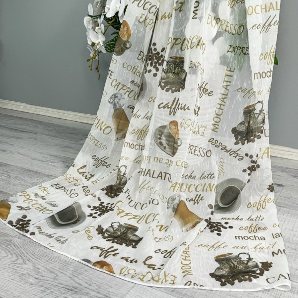 Perdea pentru Bucatarie tip IN imprimat, Alb cu cafea, 100cm latime x 200cm inaltime, cu rejansa pt bara [1]