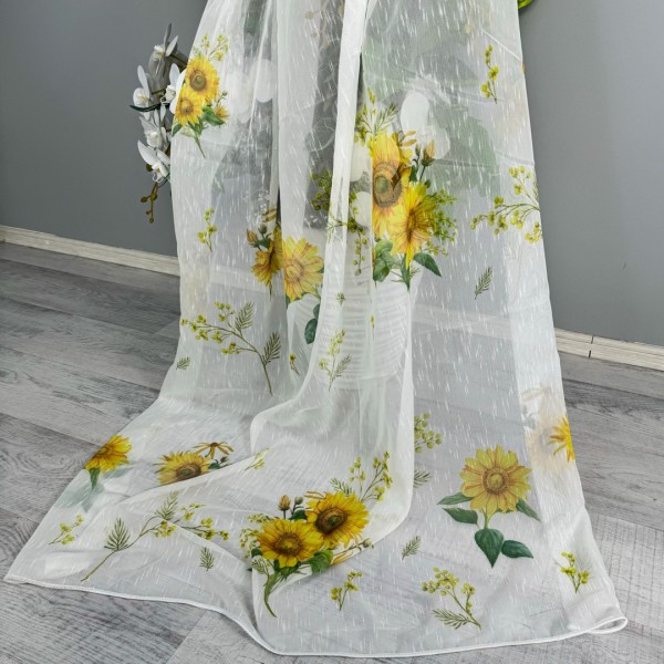Set 2 Perdele  pentru Bucatarie din IN imprimat -140cm x 150m , rejansa pt.sina, Alb cu florea soarelui [1]
