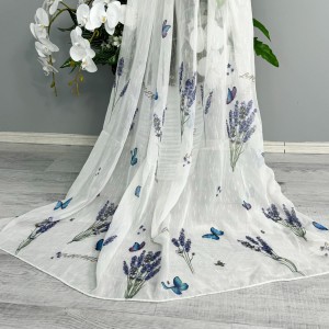 Perdea pentru Bucatarie tip IN imprimat, Alb cu lavanda si fluturi, 140cm latime x 200cm inaltime, cu rejansa pt bara