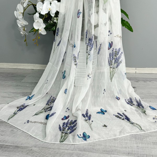 Perdea pentru Bucatarie tip IN imprimat, Alb cu lavanda si fluturi, 140cm latime x 200cm inaltime, cu rejansa pt bara [1]