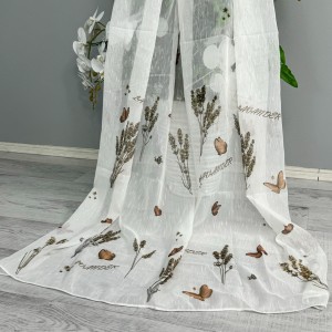 Perdea pentru Bucatarie tip IN imprimat, Alb cu lavanda si fluturi maro, 140cm latime x 200cm inaltime, cu rejansa pt bara Perdea pentru Bucatarie tip IN imprimat, Alb cu lavanda si fluturi maro, 140cm latime x 200cm inaltime, cu rejansa pt bara