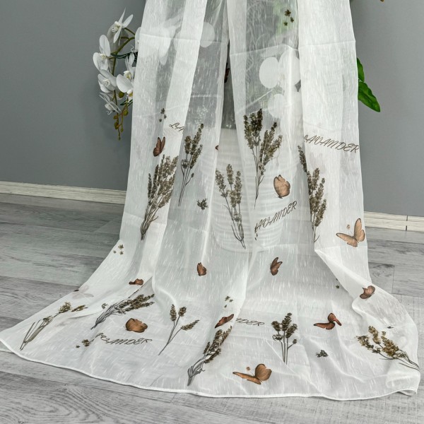 Perdea pentru Bucatarie tip IN imprimat, Alb cu lavanda si fluturi maro, 100cm latime x 200cm inaltime, cu rejansa pt bara [1]