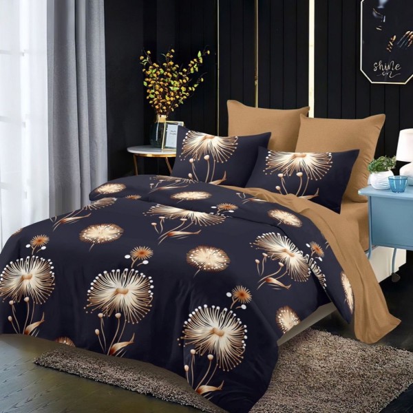 Lenjerie pat dublu,  FINET, cu elastic, 6 piese, Bleumarin, Bej, Papadii [1]