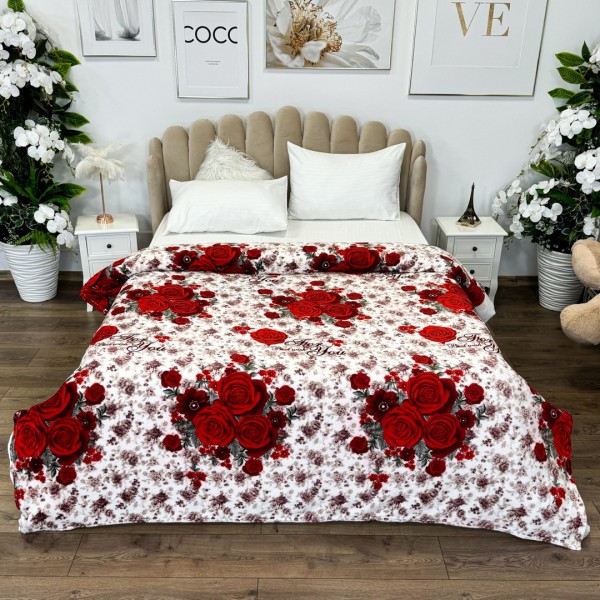 Patura pufoasa cocolino 200x230cm, 240g/mp, Alb, trandafiri rosii [1]