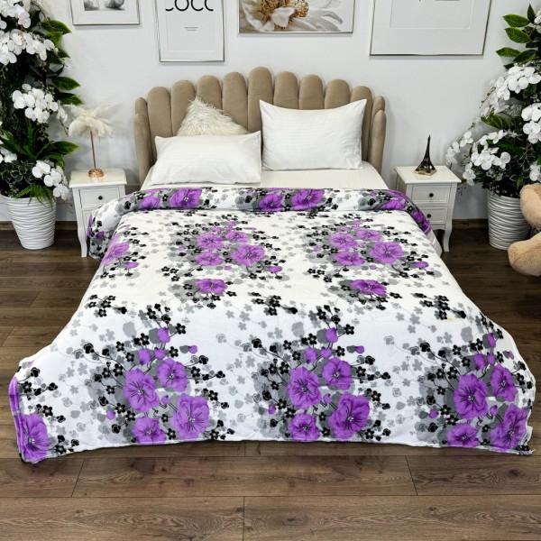 Patura pufoasa cocolino 200x230cm, 240g/mp, Alb, flori mov [1]