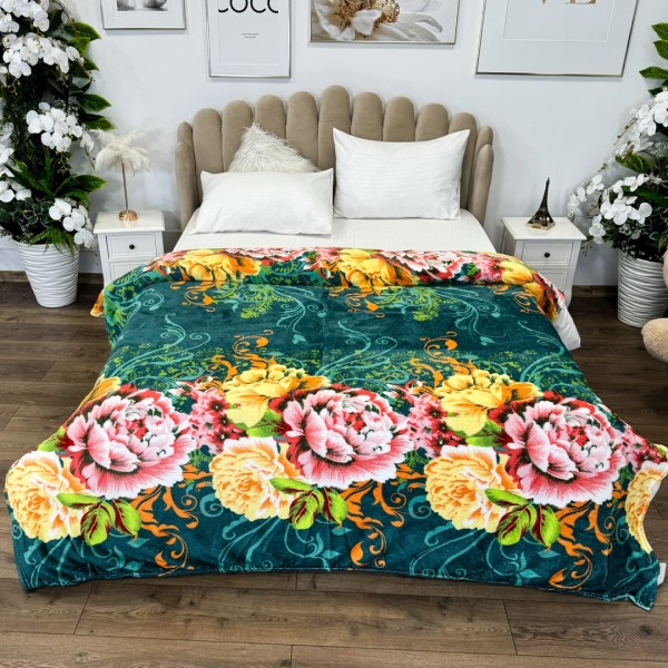 Patura pufoasa cocolino 200x230cm, 240g/mp, Verde, bujori [1]