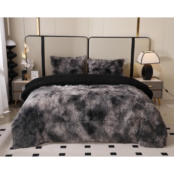 Pilota Super Pufoasă CoCoLiNo Fluffy cu Blăniță Sherpa Asortată, 200x230 cm, 4 kg, 2 Fețe de Pernă Asortate, 50x70cm – Căldură Instantă și Confort de Lux pentru Nopți Reci, Negru, Gri, degrade [1]