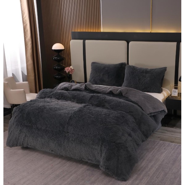 Pilota Super Pufoasă CoCoLiNo Fluffy cu Blăniță Sherpa Asortată, 200x230 cm, 4 kg, 2 Fețe de Pernă Asortate, 50x70cm – Căldură Instantă și Confort de Lux pentru Nopți Reci, Antracit [1]