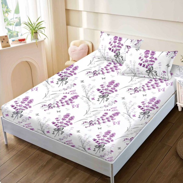 Cearsaf cu elastic, FINET, 160x200cm, 2 fete de perne 50x70cm, Alb, Lila, Flori – confort si eleganta pentru patul tau [1]