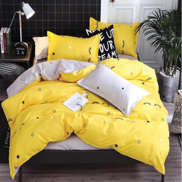 Lenjerie pat dublu (160x200cm, 180x200cm),  FINET, 6 piese, cu ELASTIC, Galben, gene, stelute [1]