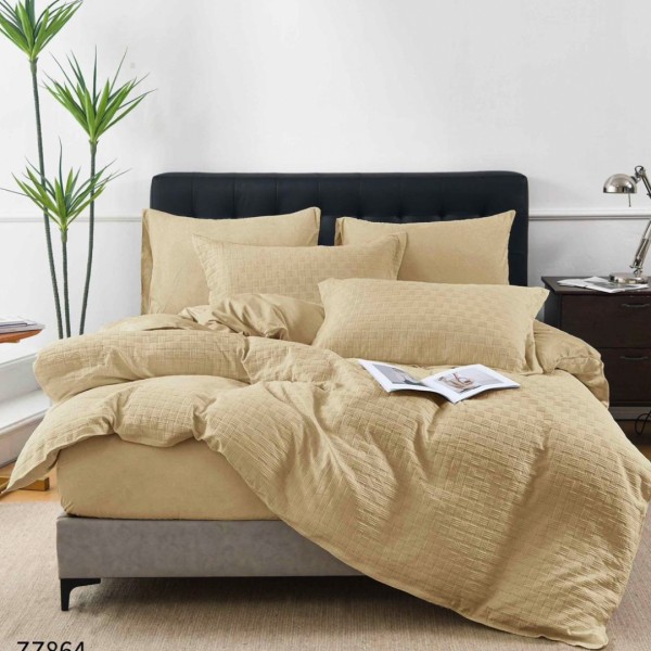 Lenjerie de Pat Dublu din Bumbac Tricotat - Set Premium 4 Piese cu Cearșaf Elastic și Imprimeu Satinat pentru Confort și Eleganță, Bej [1]