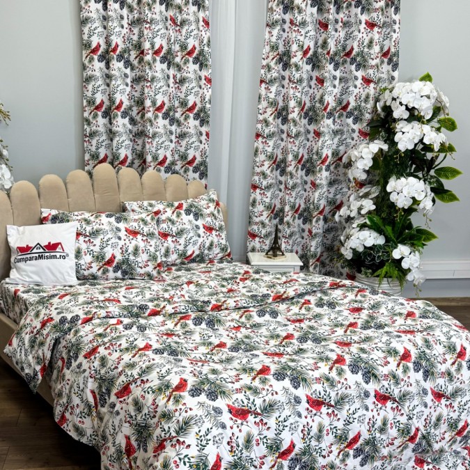 Set Lenjerie Pat Dublu Crăciun 4 Piese + 2 Draperii 150x235cm din Bumbac Ranforsat – Confort și Eleganță, Fabricat în România, Alb, Verde, Roșu, Bej, crenguțe, pasarele