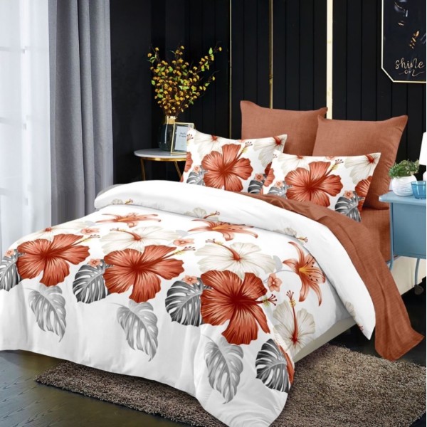 Lenjerie pat dublu,  FINET, cu elastic, 6 piese, Alb, Maro, Flori [1]