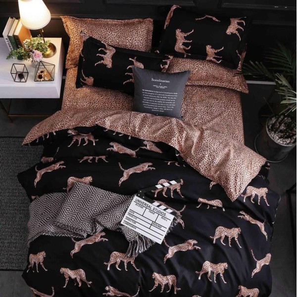 Lenjerie pat dublu (140x200cm, 160x200cm, 180x200cm), bumbac satinat, cearsaf clasic, 4 piese,  Negru, leoparzi [1]