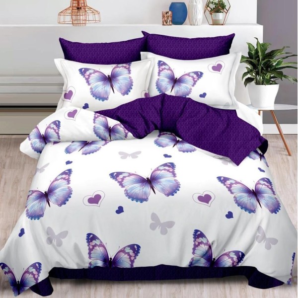Lenjerie pat dublu (140x200cm, 160x200cm, 180x200cm),  FINET, 6 piese, Mov, fluturi, inimioare [1]