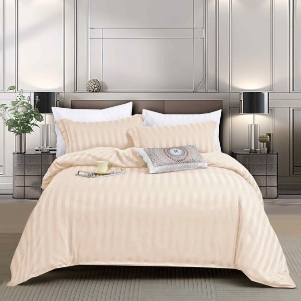 Lenjerie de Pat 140x200cm, HoReCa, 4 Piese din Damasc Finetat - Lux, Confort si intretinere Usoara, Fara Calcare, Bej [1]