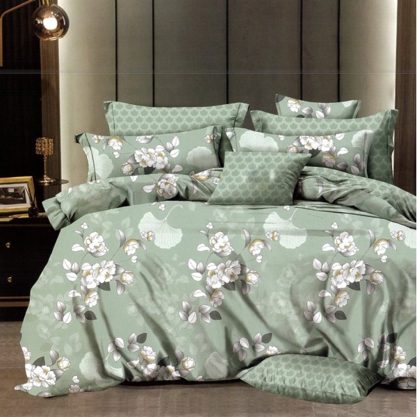 Lenjerie pat dublu,  FINET, 6 piese, cu ELASTIC, Verde, flori [1]