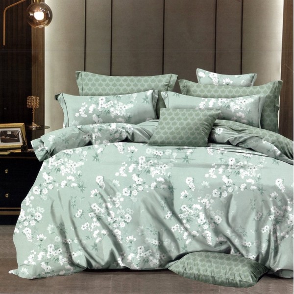 Lenjerie pat dublu,  FINET, 6 piese, cu ELASTIC, Vernil, flori [1]
