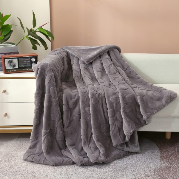 Patura CoCoLiNo ExtraPufoasa din Blanita artificiala de iepure, Gofrata, 200x230cm, model cu frunze, gri inchis [1]