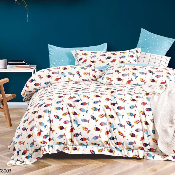 Lenjerie pat Single, BUMBAC 100% Percal, cu 2 Fețe, 4 piese, Alb, Bleu, Peștișori Colorați  [1]