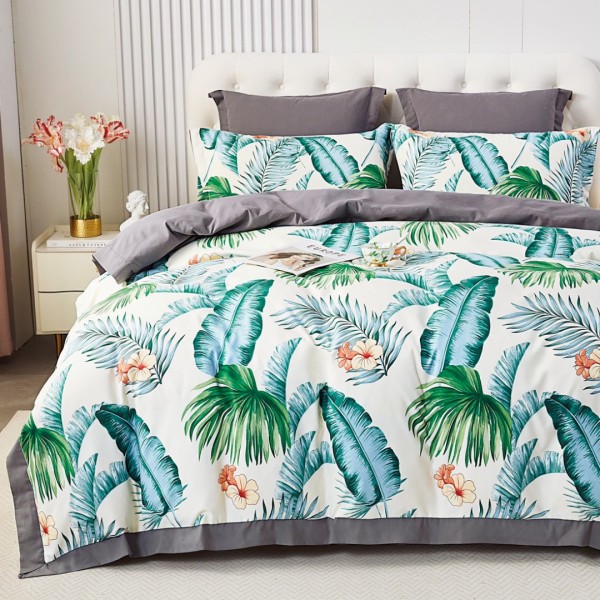 Lenjerie de Pat Dublu, Super Premium,  Finet Ranforsat, 6 Piese, Ambalat în Cutie de Lux, Alb, Verde, Gri, frunze [1]