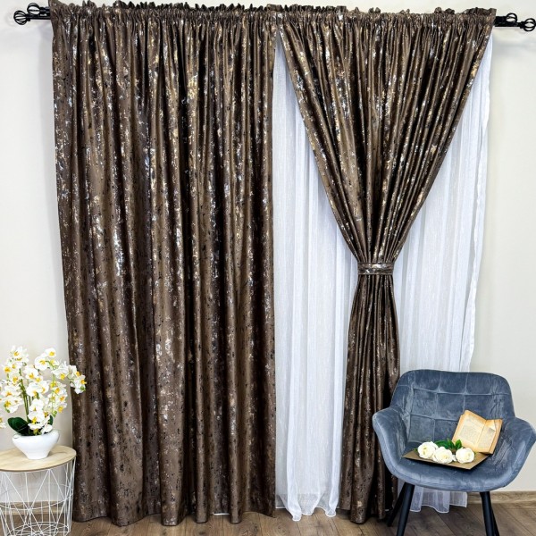 Set 2 Draperii Catifea CRETA cu insertii aurii - 150cm latime x 250cm inaltime, Rejansa pt. sina , Maro - V44 [1]