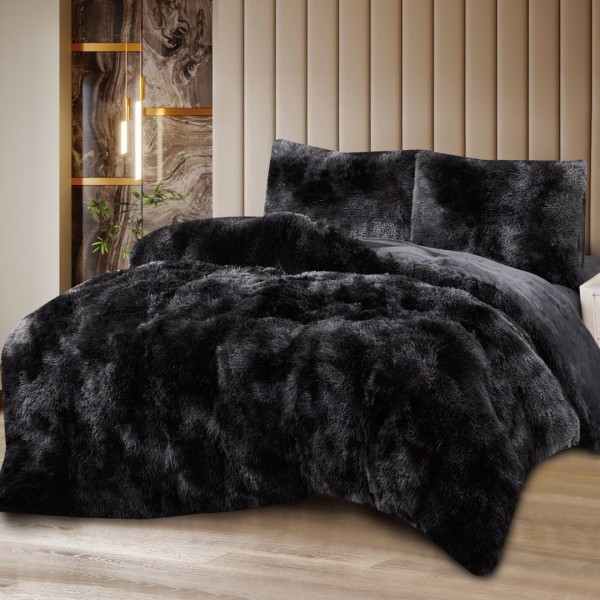 Lenjerie Cocolino Fluffy Super Pufoasă, Set 4 Piese, Pat Dublu, Cearșaf cu elastic – Căldură și Confort Premium, Ideală pentru Nopți Friguroase, Negru degrade [1]