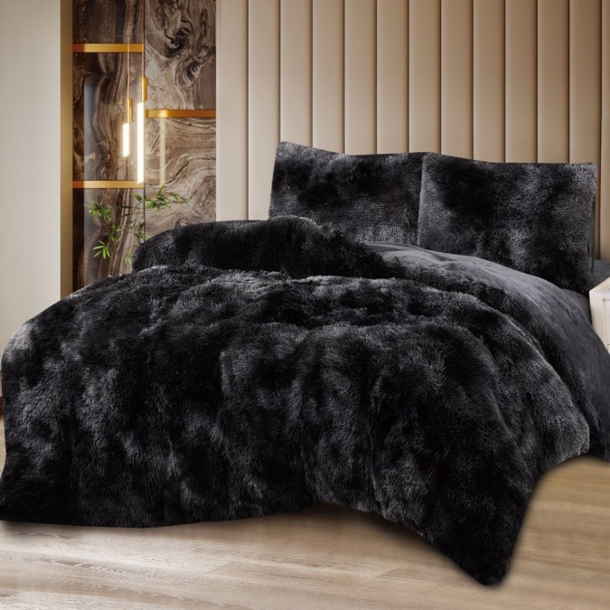 Lenjerie Cocolino Fluffy Super Pufoasă Set 4 Piese Pat Dublu Cearșaf cu elastic – Căldură și Confort Premium Ideală pentru Nopți Friguroase Negru degrade