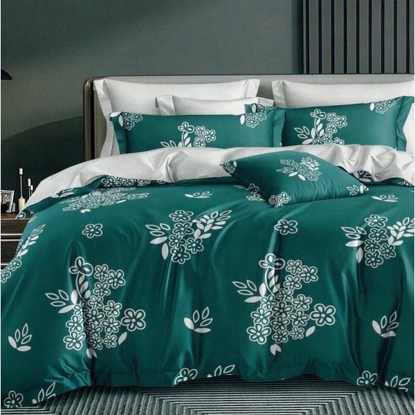 Lenjerie pat dublu,  FINET, 6 piese, Turquoise, flori [1]
