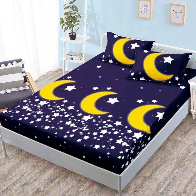 Cearsaf cu elastic, Bumbac FINET, 160x200cm, 2 fete de perne 50x70cm, Bleumarin, luna, stelute