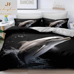 Lenjerie pat dublu, cearsaf clasic, imprimeu 3D, Gri, delfini Lenjerie pat dublu, cearsaf clasic, imprimeu 3D, Gri, delfini