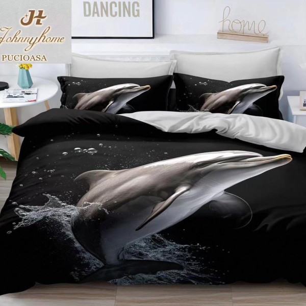 Lenjerie pat dublu (140x200cm, 160x200cm, 180x200cm), cearsaf clasic, imprimeu 3D, Gri, delfini [1]