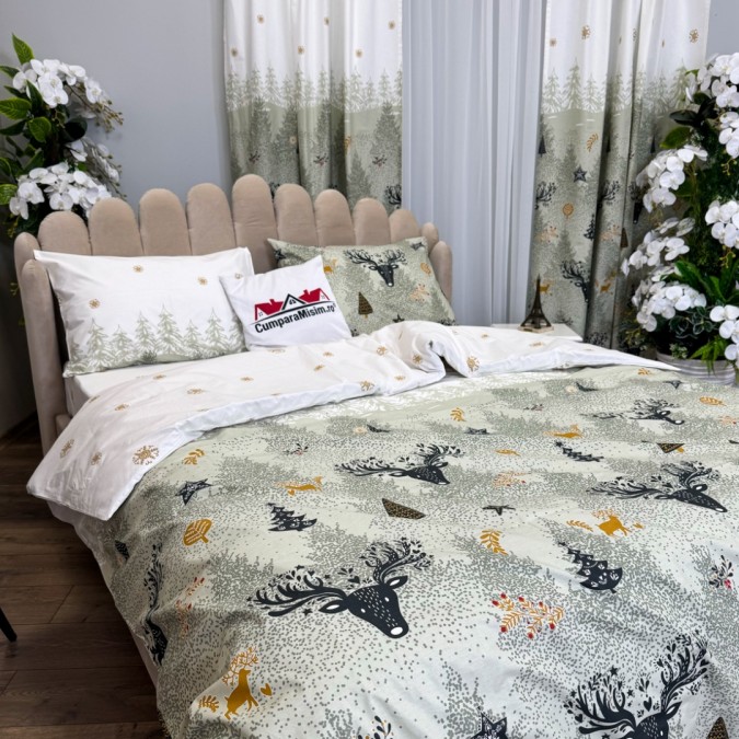 Set Lenjerie Pat Dublu Crăciun 4 Piese + 2 Draperii 150x235cm din Bumbac Ranforsat – Confort și Eleganță, Fabricat în România, Bej, Alb, reni