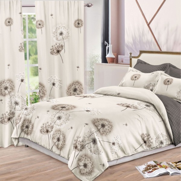 Set Lenjerie pat dublu (140x200cm, 160x200cm, 180x200cm) + 2 draperii, finet, 8 piese, Greu, Maro, păpădii [1]