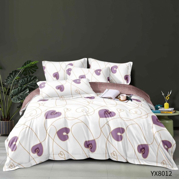 Lenjerie pat 140x200cm,  FINET, cu elastic, 4 piese, Alb, Lila, Roz, Inimioare [1]