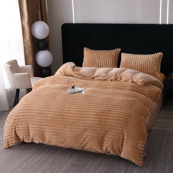 Lenjerie de Pat Dublu, 4 piese, Blăniță Artificială de Iepure Cocolino, Model Gofrat – Moale, Călduroasă și Elegantă pentru Nopți de Vis, Bej [1]