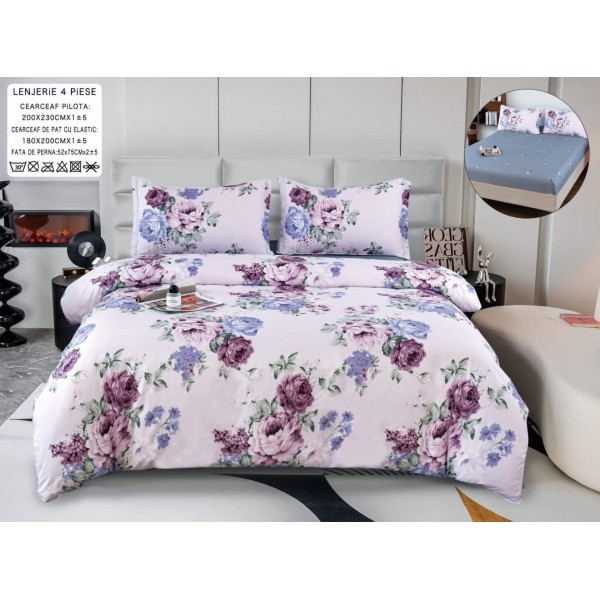 Lenjerie pat dublu, bumbac satinat,  Cearsaf cu ELASTIC 180x200cm, 4 PIESE, Rozaliu, flori [1]