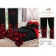 Lenjerie pat dublu, BUMBAC FINET, 8 piese, cu 2 DRAPERII INCLUSE, Negru, Roșu, stelute