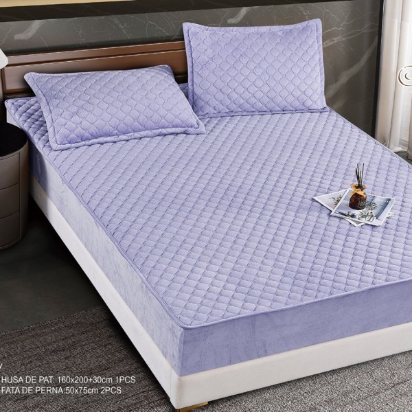 Husă Matlasată Tip Topper din Catifea 160x200cm, cu 2 Fețe de Pernă 50x70cm -  Somn Odihnitor și Susținere pentru Spate, Lila [1]
