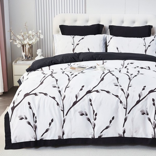 Lenjerie de Pat Dublu, Super Premium,  Finet Ranforsat, 6 Piese, Ambalat în Cutie de Lux, Alb, Negru, crengute cu flori [1]