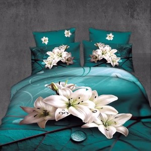 Lenjerie pat dublu (140x200cm, 160x200cm, 180x200cm), cearsaf clasic, imprimeu 3D, Alb-Turquoise, crini Lenjerie pat dublu (140x200cm, 160x200cm, 180x200cm), cearsaf clasic, imprimeu 3D, Alb-Turquoise, crini