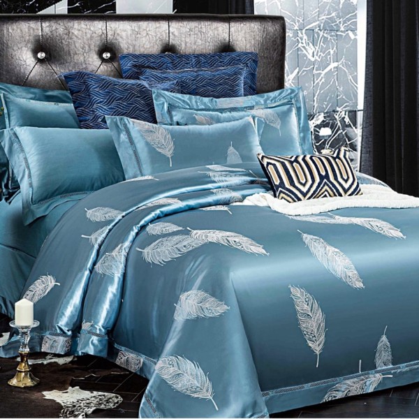 Lenjerie pat dublu, Jacquard Premium Satinat, 6 piese, Albastru [1]