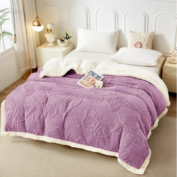 Pătură Super Soft Cocolino cu Blăniță, 200x230 cm – Eleganță și Căldură cu Model 3D în Relief, Fluturi Delicați, Lila [1]