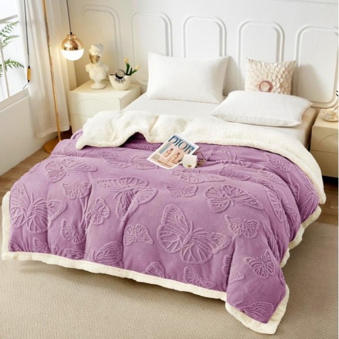 Pătură Super Soft Cocolino cu Blăniță, 200x230 cm – Eleganță și Căldură cu Model 3D în Relief, Fluturi Delicați, Lila