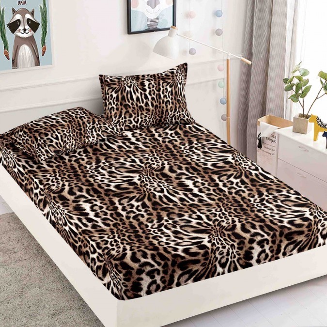 Cearsaf cu elastic, Bumbac FINET, 160/180x200cm, 2 fete de perne 50x70cm, Jojo Home, Maro, animal print