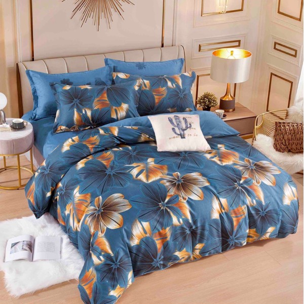 Lenjerie pat dublu,  FINET, 6 piese, Jojo Home, Albastru, flori [1]
