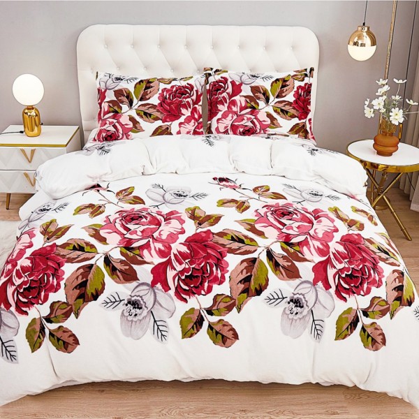 Lenjerie pentru Pat Dublu, Cocolino Premium, 4 Piese – Plușată, Groasă, și Călduroasă, Ideală pentru Iarnă –  Confort Maxim, Antișifonare, Alb, Rosu, flori [1]