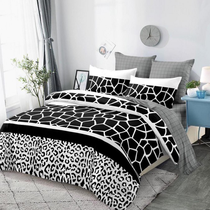 Lenjerie pat dublu BUMBAC FINET cu elastic 6 piese Negru animal print