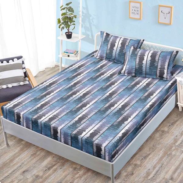 Cearsaf cu elastic, FINET, 160x200cm, 2 fete de perne 50x70cm, Albastru, Gri, Dungi – confort si eleganta pentru patul tau [1]